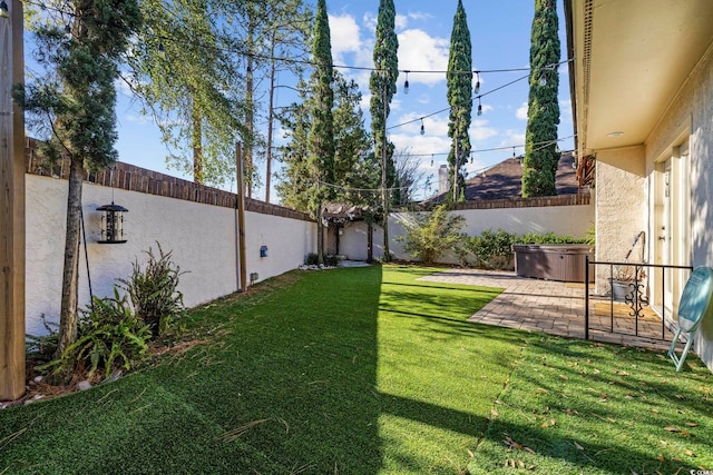 view of yard featuring a patio area and a hot tub