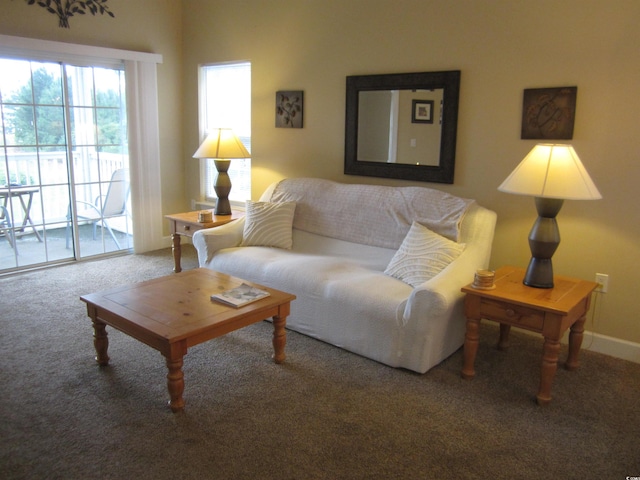 carpeted living area featuring baseboards