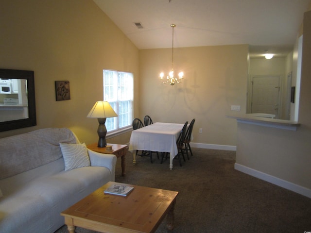 carpeted living room with vaulted ceiling, a chandelier, and baseboards