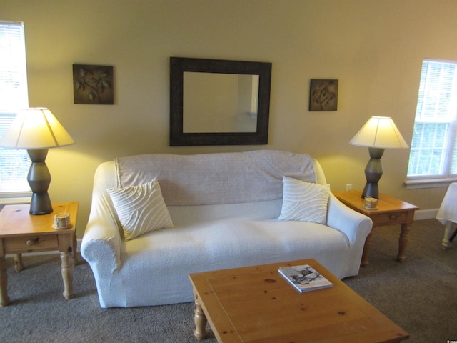 living room with carpet floors and baseboards