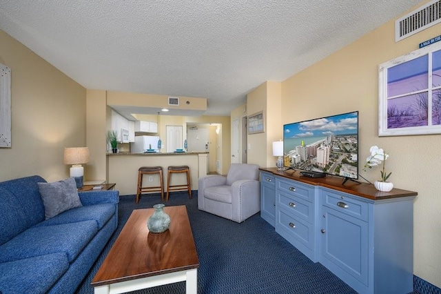 carpeted living room with a textured ceiling