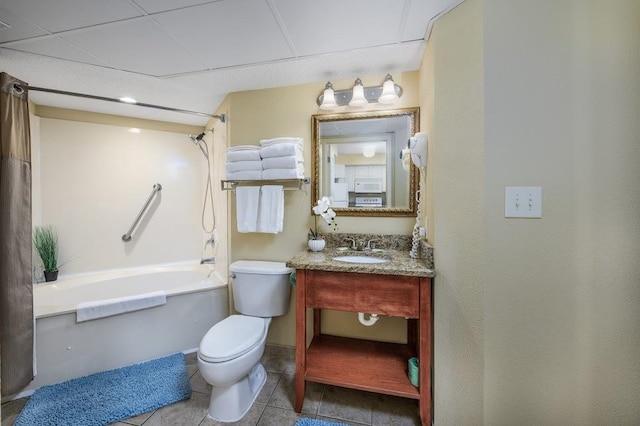 full bathroom with tile patterned flooring, vanity, shower / tub combination, and toilet