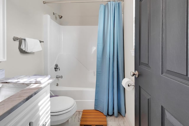 full bathroom featuring toilet, shower / bath combination with curtain, and vanity