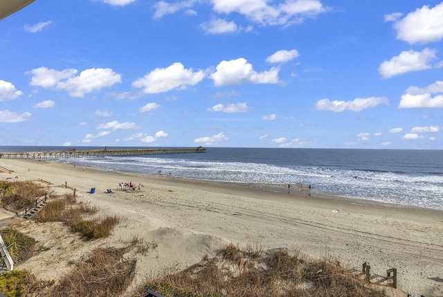 view of water feature with a beach view