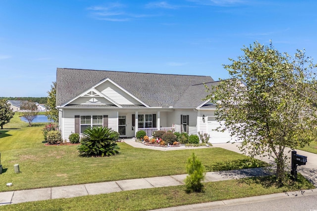 view of front of property with a porch, a garage, and a front yard