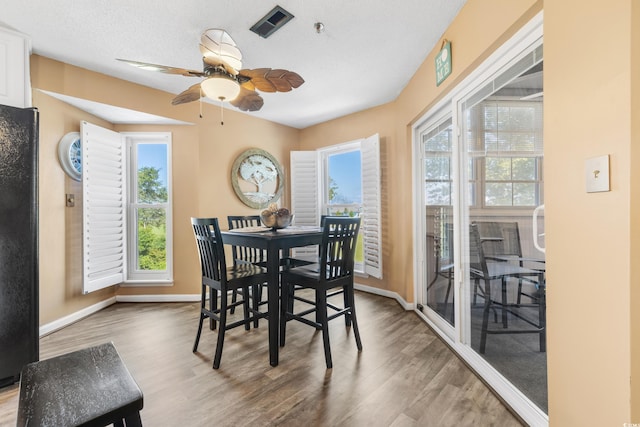 dining area with ceiling fan, a textured ceiling, a healthy amount of sunlight, and wood-type flooring