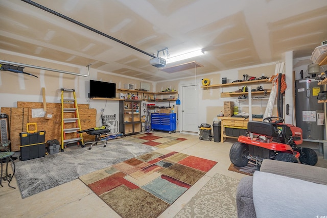 garage with a garage door opener and water heater