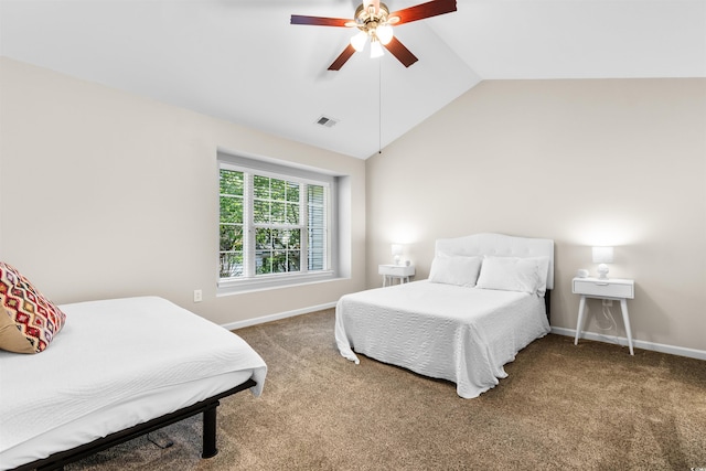 bedroom featuring ceiling fan, carpet floors, and lofted ceiling