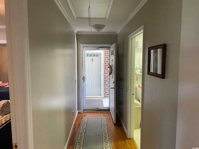 corridor featuring crown molding and light hardwood / wood-style floors