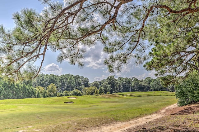 view of community with a yard and golf course view