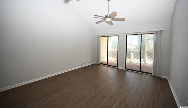 spare room with ceiling fan, dark hardwood / wood-style flooring, and high vaulted ceiling