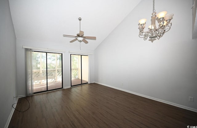 unfurnished room featuring ceiling fan with notable chandelier, high vaulted ceiling, and dark hardwood / wood-style flooring