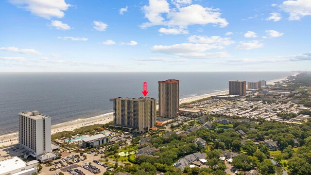 bird's eye view featuring a view of the beach and a water view