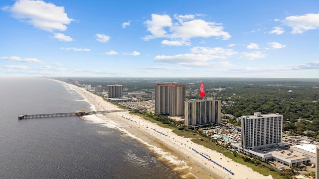 drone / aerial view with a view of the beach and a water view