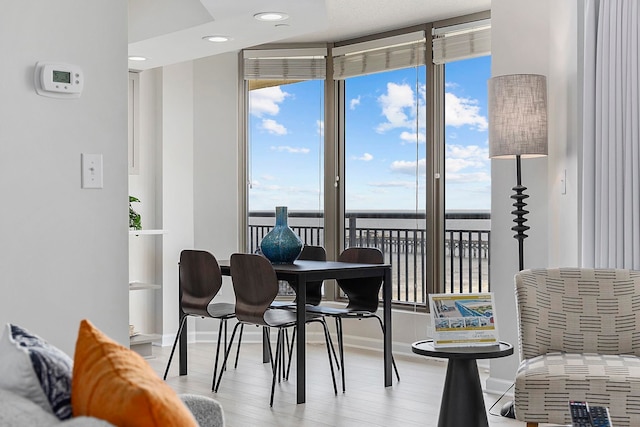 dining room featuring plenty of natural light, light hardwood / wood-style flooring, and a wall of windows