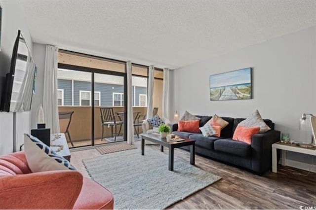 living room with hardwood / wood-style flooring and a textured ceiling