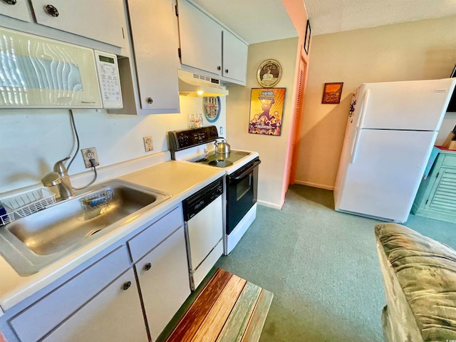 kitchen featuring white cabinetry, white appliances, sink, and a textured ceiling