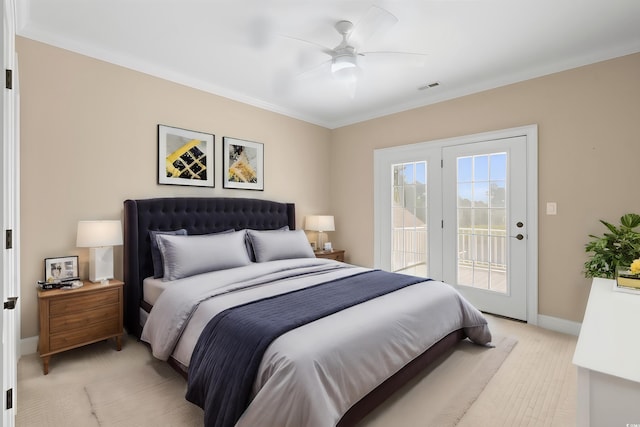 carpeted bedroom with ceiling fan, crown molding, and access to exterior