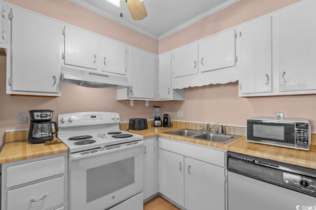 4305 S Ocean Blvd Unit 106, North Myrtle Beach, SC 29582 - kitchen featuring white electric range oven, dishwasher, under cabinet range hood, crown molding, and light countertops