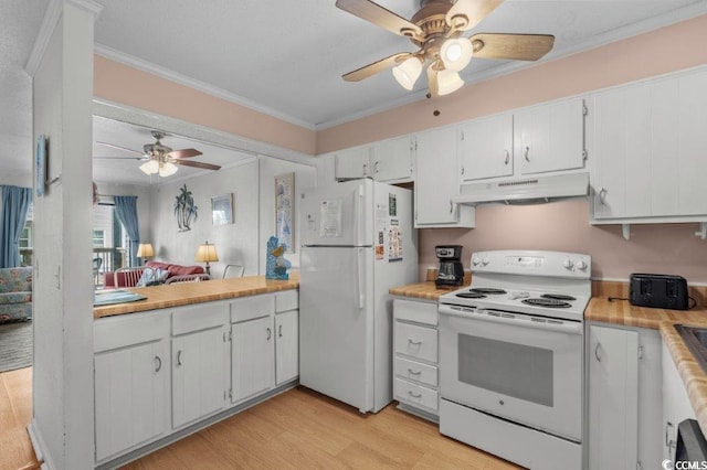 4305 S Ocean Blvd Unit 106, North Myrtle Beach, SC 29582 - kitchen featuring white appliances, under cabinet range hood, a ceiling fan, ornamental molding, and light wood-style floors