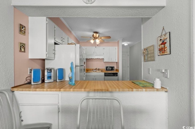 4305 S Ocean Blvd Unit 106, North Myrtle Beach, SC 29582 - kitchen with freestanding refrigerator, stainless steel dishwasher, a peninsula, ceiling fan, and a textured wall