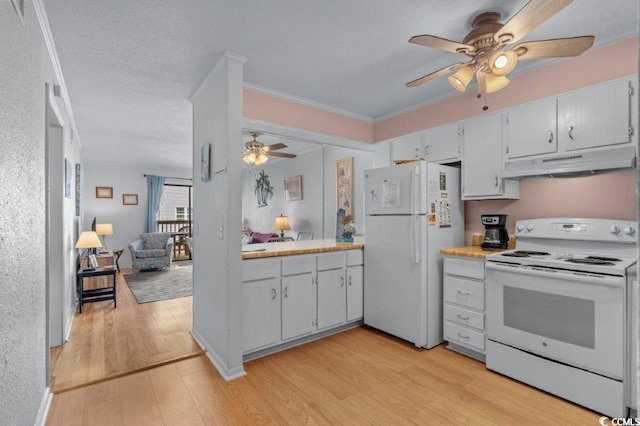 4305 S Ocean Blvd Unit 106, North Myrtle Beach, SC 29582 - kitchen featuring white appliances, under cabinet range hood, a ceiling fan, light wood-type flooring, and ornamental molding
