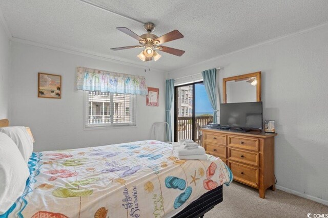 4305 S Ocean Blvd Unit 106, North Myrtle Beach, SC 29582 - bedroom featuring access to outside, ornamental molding, light colored carpet, a textured ceiling, and a ceiling fan