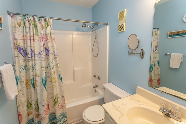 bathroom featuring shower / bathtub combination with curtain, toilet, visible vents, and vanity