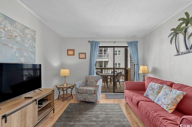 4305 S Ocean Blvd Unit 106, North Myrtle Beach, SC 29582 - living room with light wood finished floors, a textured ceiling, and ornamental molding