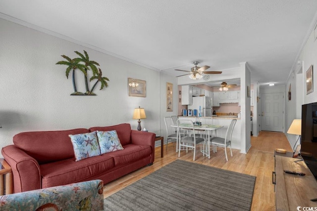 4305 S Ocean Blvd Unit 106, North Myrtle Beach, SC 29582 - living room featuring ceiling fan, light wood-style floors, and crown molding