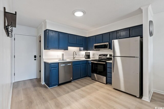 6001 N Ocean Blvd Unit 242, North Myrtle Beach, SC 29582 - kitchen featuring sink, light hardwood / wood-style flooring, stainless steel appliances, and blue cabinets