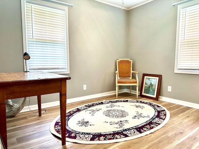 sitting room featuring hardwood / wood-style floors and crown molding