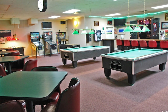 playroom with carpet floors, pool table, and indoor bar