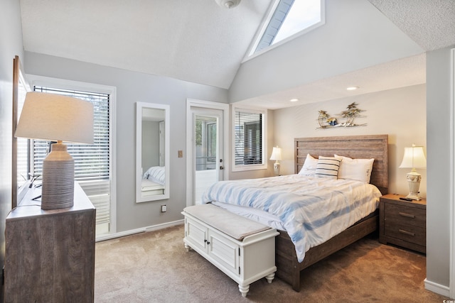 bedroom with light carpet, a textured ceiling, and high vaulted ceiling