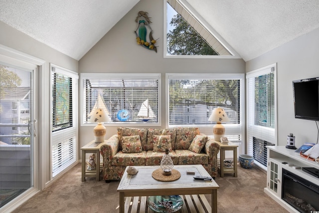 carpeted living room featuring a textured ceiling and high vaulted ceiling