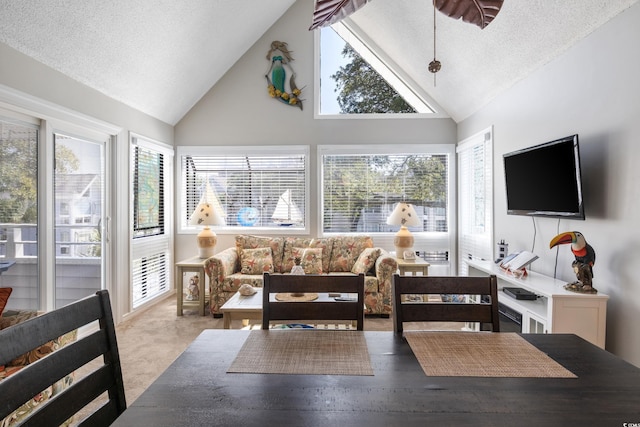 living room with light carpet, a textured ceiling, and high vaulted ceiling