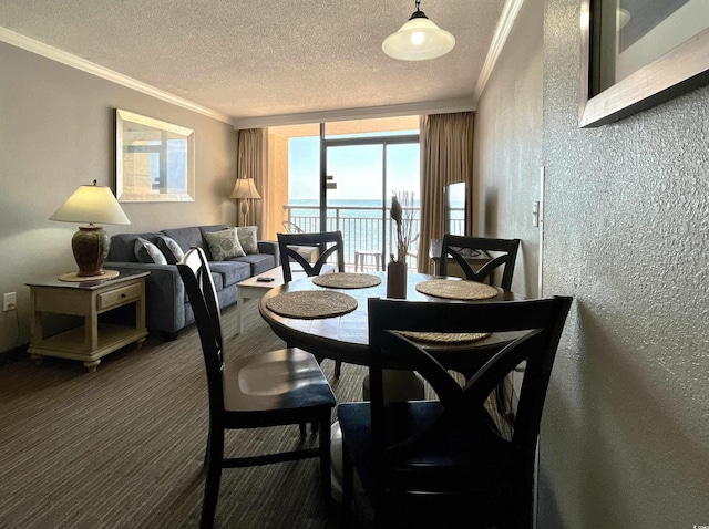 dining room featuring a textured ceiling, crown molding, and a water view