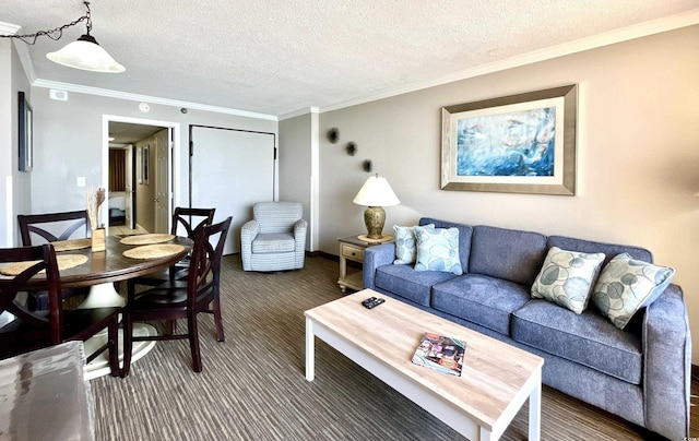 living room featuring dark carpet, a textured ceiling, and crown molding