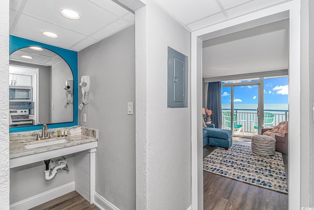 bathroom with hardwood / wood-style floors, sink, a drop ceiling, and electric panel