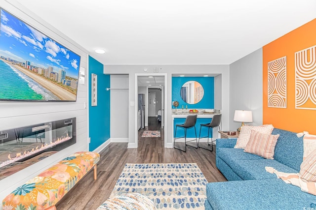 living room with dark hardwood / wood-style flooring