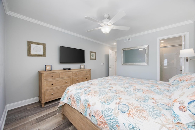 bedroom featuring baseboards, visible vents, ceiling fan, ornamental molding, and wood finished floors