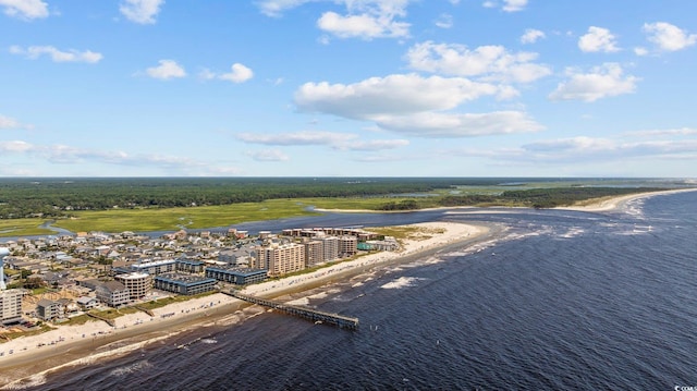 birds eye view of property featuring a water view, a view of the beach, and a city view