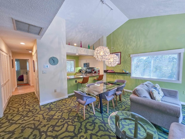 interior space with vaulted ceiling and a textured ceiling