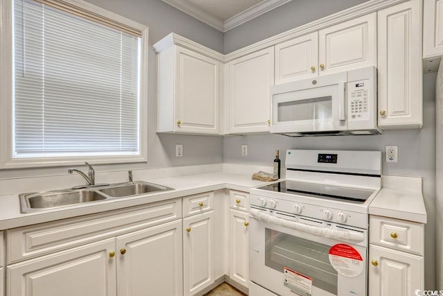 kitchen featuring white cabinets, crown molding, sink, and white appliances