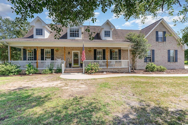 new england style home featuring brick siding, covered porch, and a front lawn