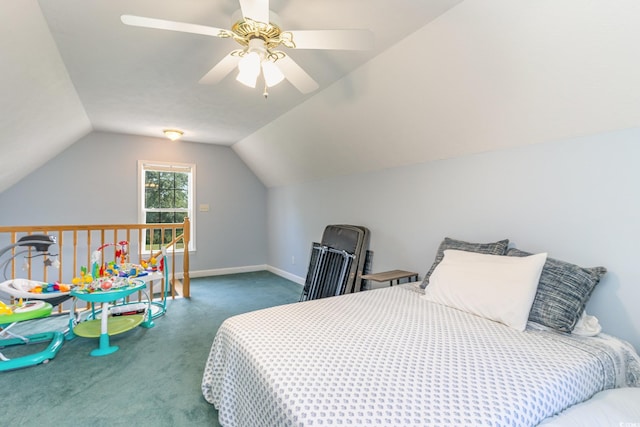 bedroom with baseboards, lofted ceiling, ceiling fan, and carpet flooring