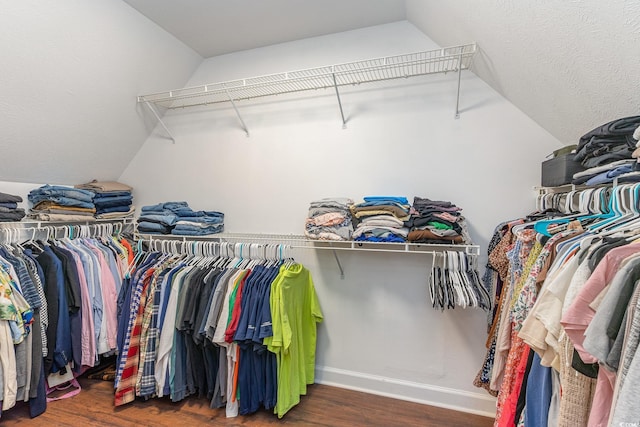 spacious closet featuring vaulted ceiling and wood finished floors