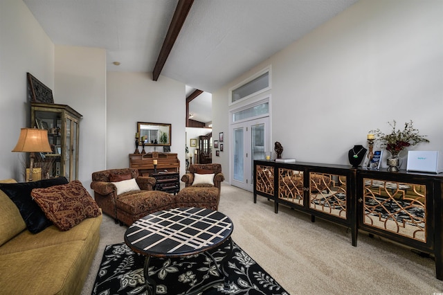 living room with high vaulted ceiling, beamed ceiling, carpet floors, and french doors