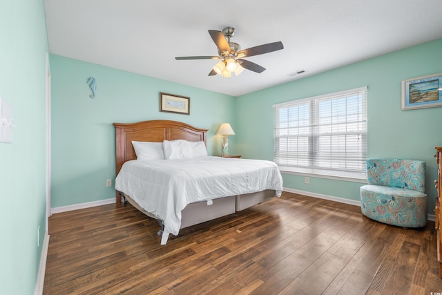 bedroom featuring ceiling fan and dark hardwood / wood-style floors