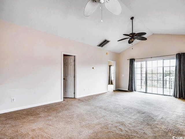 spare room with carpet, visible vents, ceiling fan, and baseboards